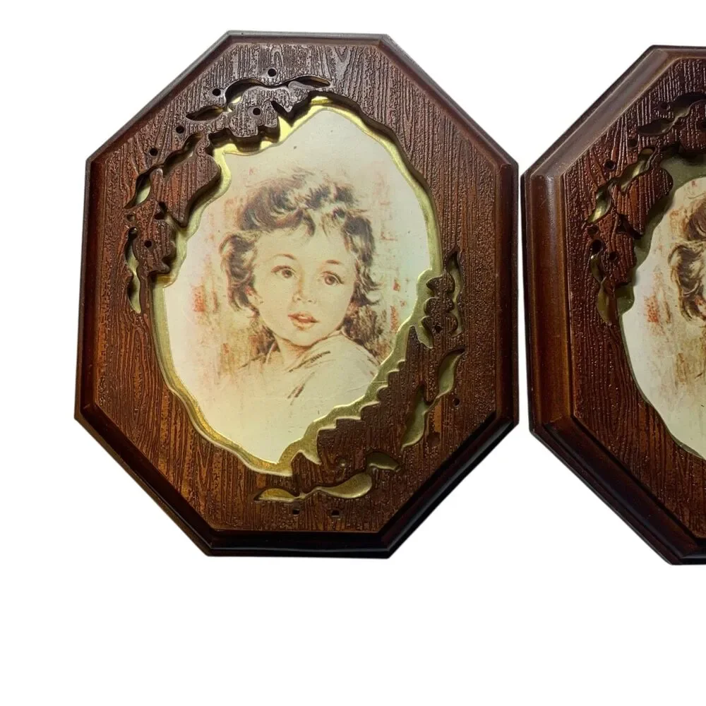 Vintage Old Time Set of 2 Faux Wood Picture Frames Mid Century Gold Trim Ornate